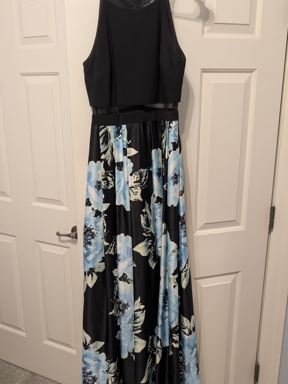 Betsy & Adam Black Maxi Dress with Light Blue Floral Skirt